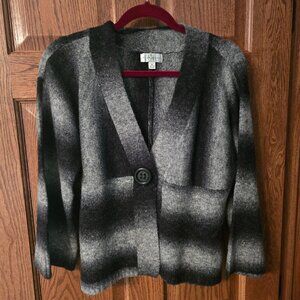 Vintage Studio Works Cardigan Sweater M Black Gray Ombre Stripe Knit Button VNec